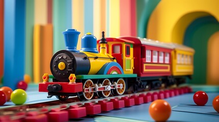 Colorful toy train on colored background