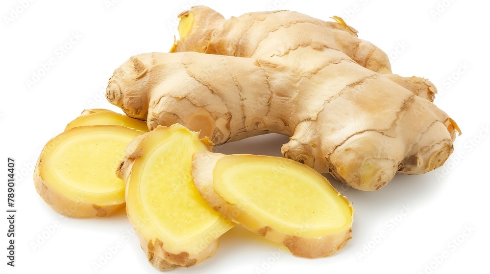 Poster Flat lay of Fresh ginger rhizome with slices  isolated on white background : Generative AI