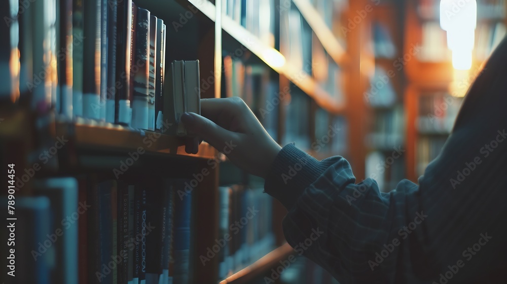 Poster Close up hand search for book on bookshelves in the library Select a book on shelf Studying knowledge education in bookstore : Generative AI