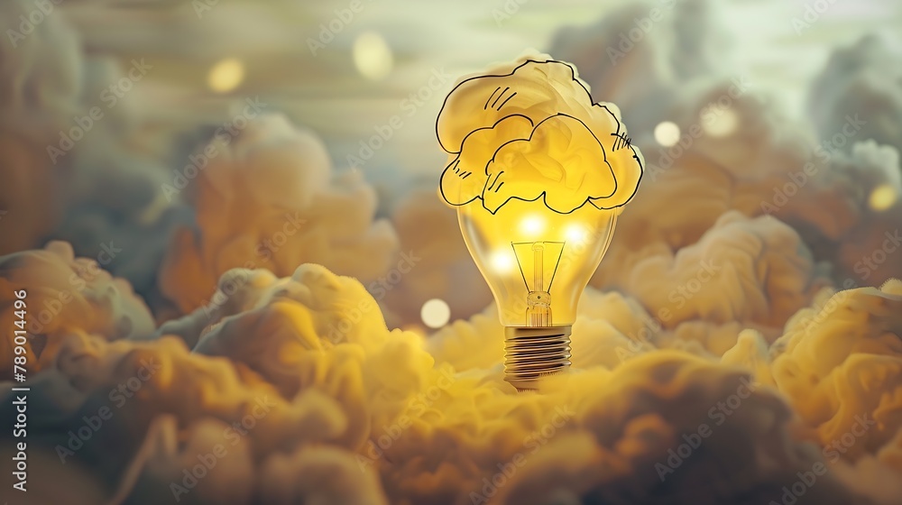 Aufkleber Yellow light bulb with cloud sketches  Flat lay : Generative AI