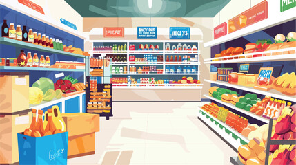 Supermarket interior flat vector illustration. Grocery