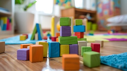 colorful wooden building blocks in the floor at home