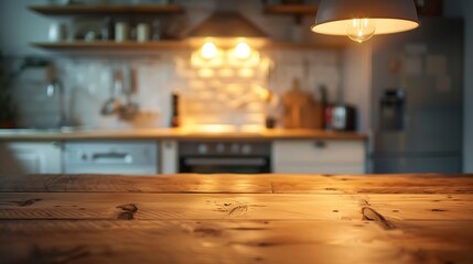 Close up wooden table and decorative kitchen background style Refrigerator dishwasher and stove style with lamp concept : Generative AI