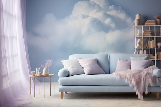Ethereal Cloud Themed Living Room: Serene Space with Soft Blue Walls & Cloud Inspired Sofa