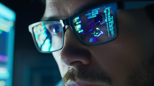 Closeup portrait of focused software engineer wearing eyeglasses looking at computer screen working with big data Programming code reflecting in glasses Data science Machine Learning A : Generative AI