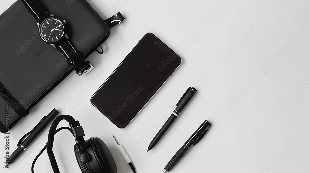 Poster man items in all black on a white background shot from above with cell phone pens wallet watch noteb