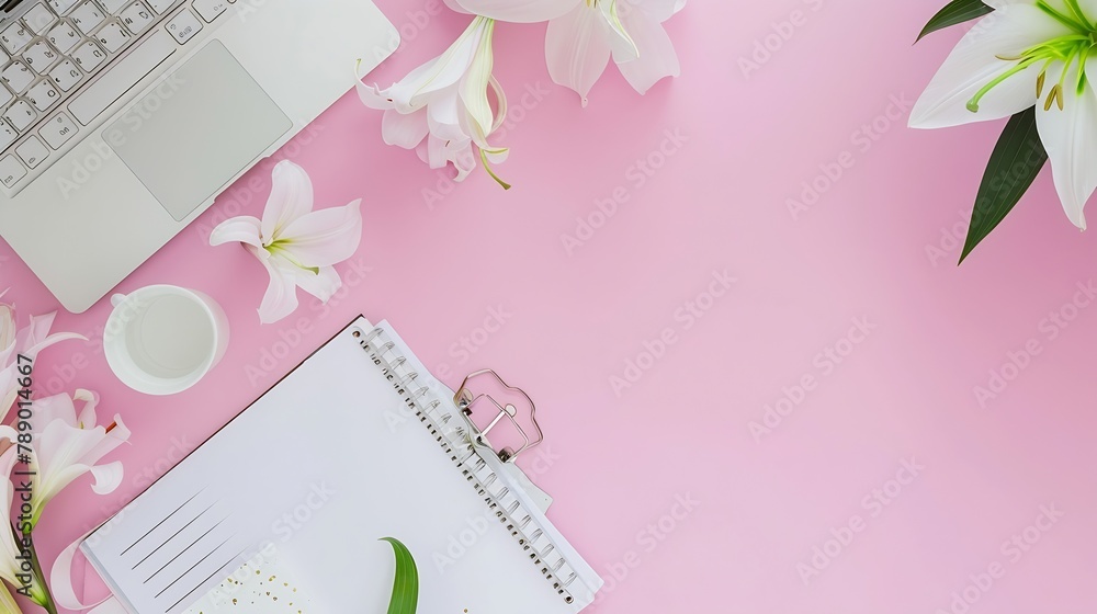 Poster workspace with computer bouquet lilies clipboard womens fashion accessories isolated on pink backgro