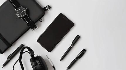 Man Items in all Black on a White Background Shot from Above with Cell Phone Pens Wallet Watch Notebook and Headphones : Generative AI