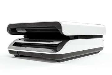 3D render of a hightech office printer and scanner combo, isolated on a white background