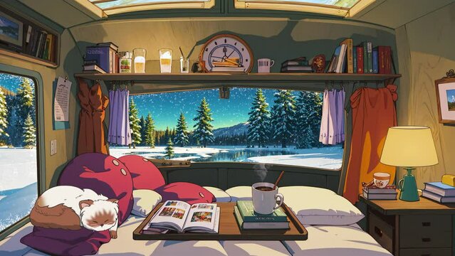 The cat sleeps in a wooden cabin by a winter pine forest.  Animated 2D lofi cartoon
