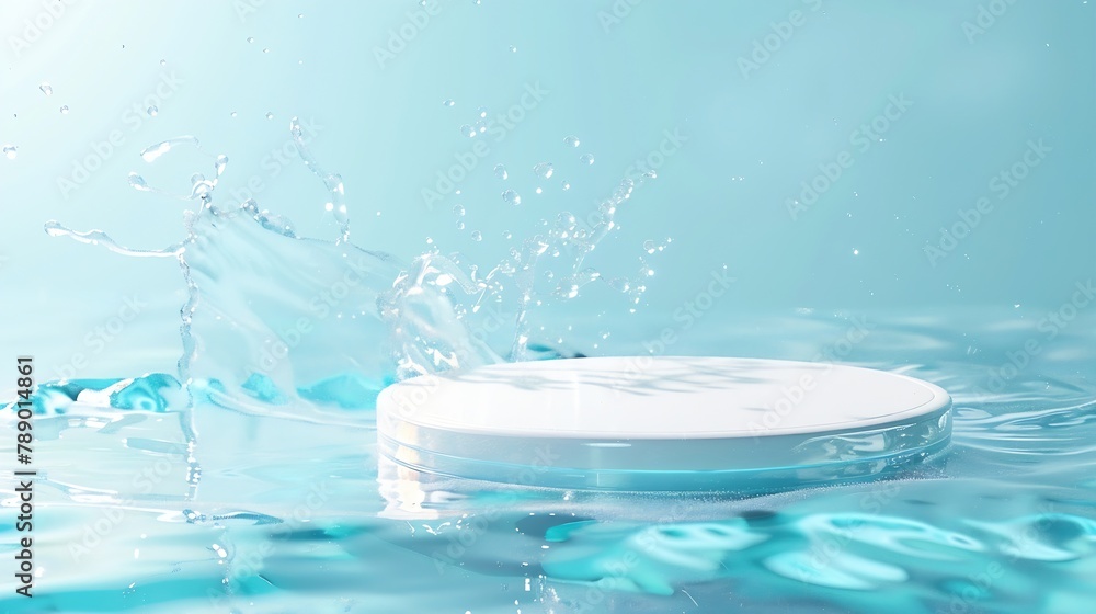 Poster Empty white circle podium on transparent clear calm blue water texture with splashes and waves in sunlight Abstract nature background for product presentation Flat lay cosmetic mockup  : Generative AI