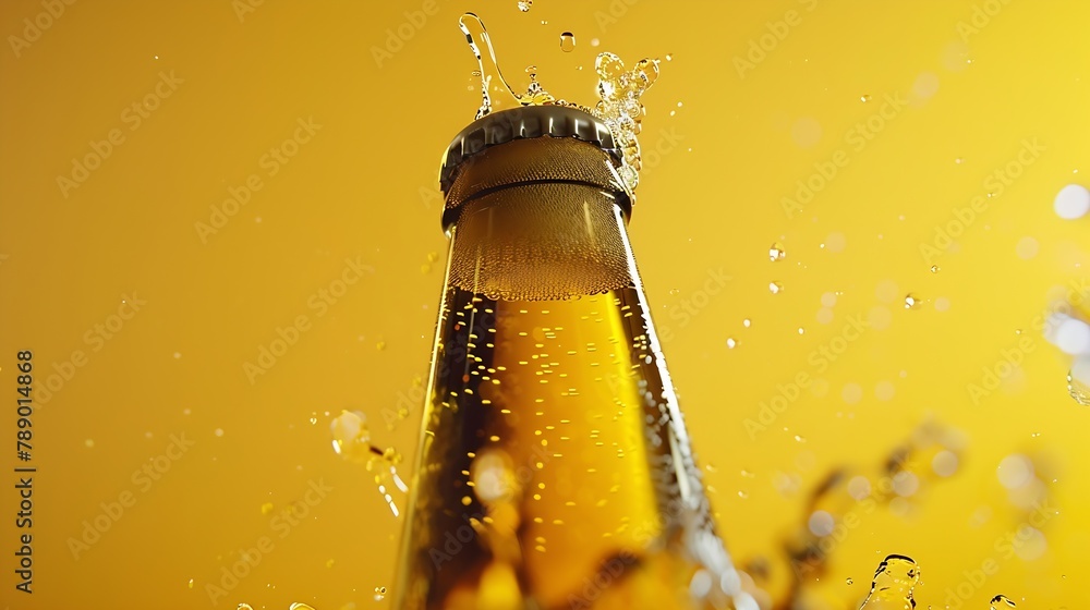 Poster Opening of cold beer bottle gas output and bottle cap in the air Isolated on a yellow background : Generative AI