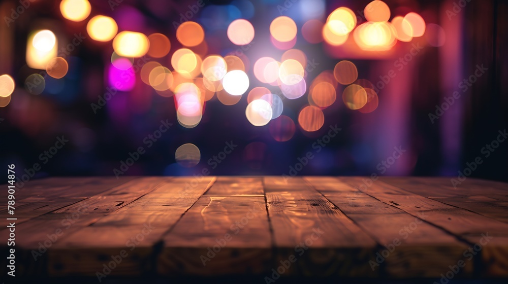 Poster wooden table blurred bokeh background background neon light night view closeup the general backgroun