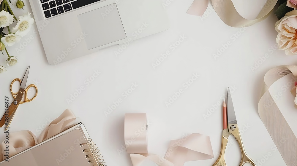 Poster workplace with laptop succulent peonies golden scissors spool with beige ribbon pencils and diary fl