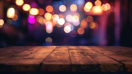 Wooden table blurred bokeh background background Neon light night view closeup The general background of the interior a dark background : Generative AI - Powered by Adobe