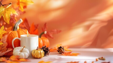 Autumn Thanksgiving composition Background with copy space Flat lay Candle pumpkins autumn leaves hot cocoa mug Autumn mood : Generative AI