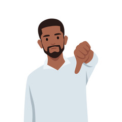Young man showing thumbs down sign, dislike, Negative expression and disapproval. Disagreement. Flat vector illustration isolated on white background