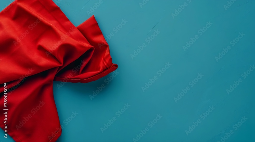 Poster top view with red empty kitchen napkin isolated on table background Folded cloth for mockup with copy space Flat lay Minimal style : Generative AI