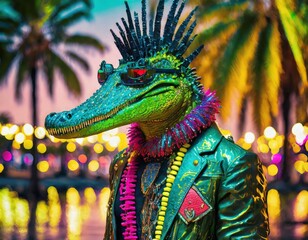 abstract, fierce alligator in punk clothing, peace necklace, mohawk, vibrant, with palm trees in background, vibrant, cyberpunk dragon, china, animal - obrazy, fototapety, plakaty