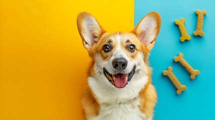 Corgi dog toys accessories and dry food on the yellow and blue background - obrazy, fototapety, plakaty