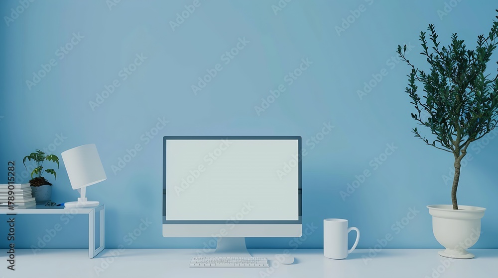 Aufkleber Close up view of creative workspace with blank screen computer mug tree pot and copy space on white table with shelf on light blue wall : Generative AI