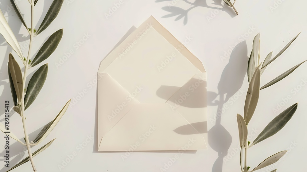 Aufkleber summer wedding stationery mockup scene blank vertical greeting card craft paper envelope and olive b