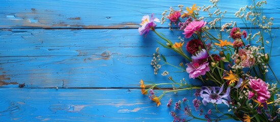 Flowers from the garden on a blue wooden table background, providing a space for text.