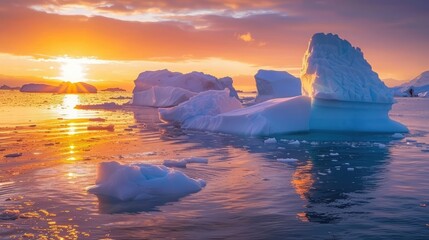 Icebergs in Greenland in the soft sunset light