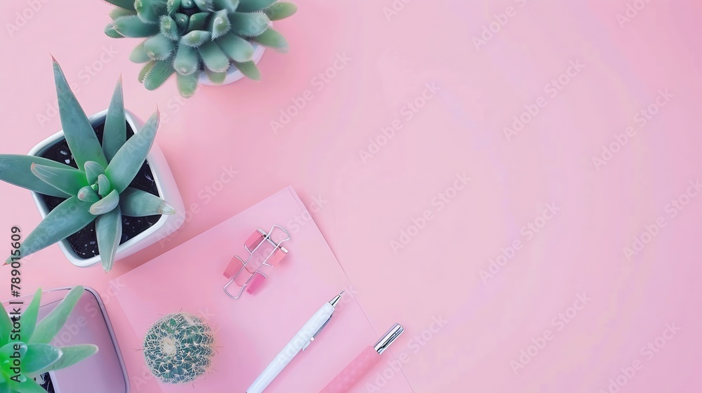Poster top view flat lay of workspace desk styled design office supplies and cactuses succulents with copy 