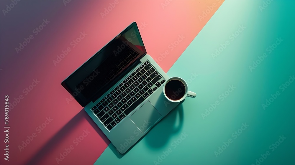 Poster top view of workspace with laptop cup of coffee and copy space on colored background : generative ai