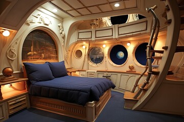 Sea Chart Bedding, Ship Captain's Chair, and Maritime Elegance: Nautical Ship Captain's Quarters Bedroom Concepts