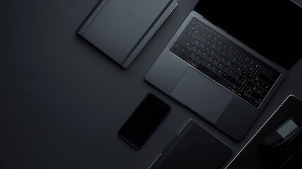 Workplace in office with black desk Top view from above of keyboard with notebook and phone Space for modern creative work of designer Flat lay with blank copy space Business and finan : Generative AI