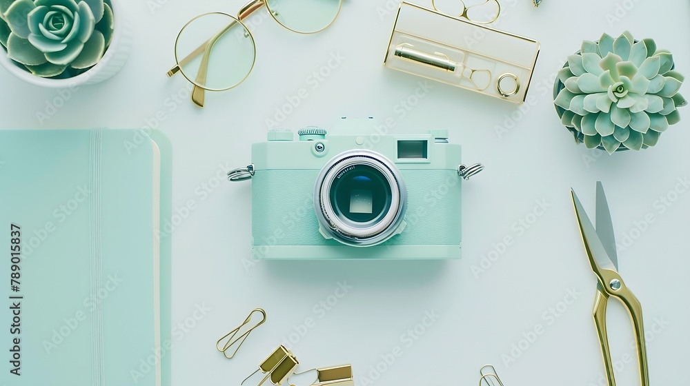 Poster Flat lay top view office table desk feminine desk workspace with succulent retro camera scissors diary glasses and golden clips on white background : Generative AI