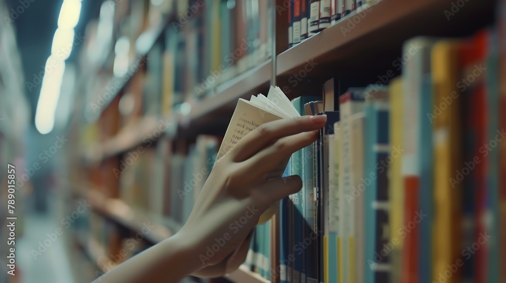 Poster Close up hand search for book on bookshelves in the library Select a book on shelf Studying knowledge education in bookstore : Generative AI