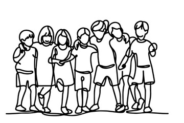 One continuous line drawing of a group of children holding each other's hands. Doodle linear drawing. Happy children's day concept on white. vector