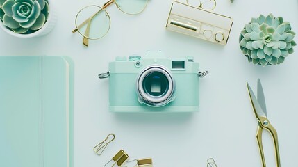 Flat lay top view office table desk feminine desk workspace with succulent retro camera scissors diary glasses and golden clips on white background : Generative AI