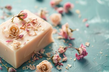 Artisan soap adorned with delicate flowers on a blue surface.