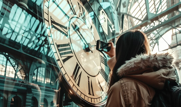 AI generated illustration of a female traveler capturing an antique clock at a vintage train station