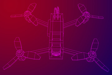 FPV Drone Racing freestyle sport flight. Hobby toys. Wireframe low poly mesh vector illustration.