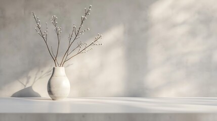 Close up view of simple home interior design with  ceramic vase and copy space on white counter...