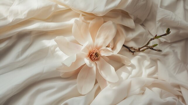 Magnolia flower flat lay morning in bed concept composition Top view : Generative AI