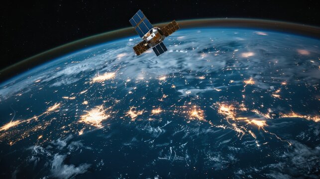 A picture of a satellite orbiting the Earth, collecting data and imagery. --ar 16:9 Job ID: 86c0fd2e-957e-4fbe-bd40-c4f67273ae59