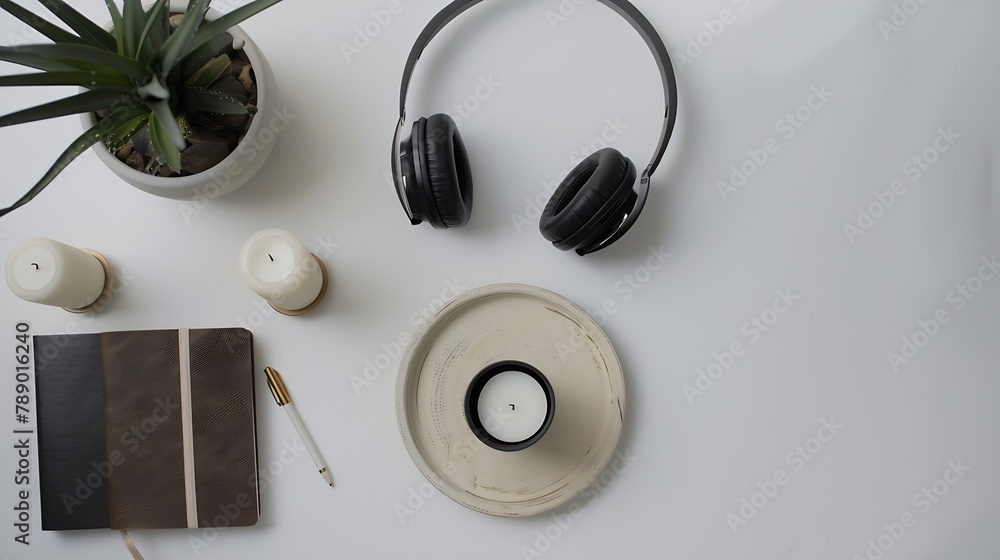 Poster workspace with headphones pen notebook sketchbook white vintage tray candlesticks on white backgroun