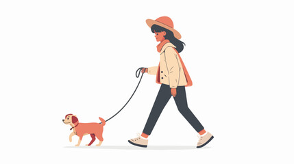 Trendy young woman walking with dog. Pet owner stroll