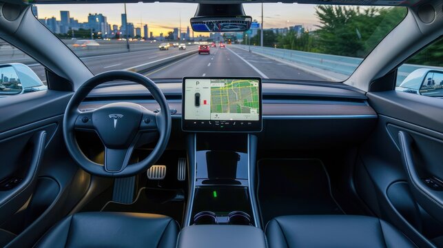 Self-driving car, navigating the road without a human driver.
