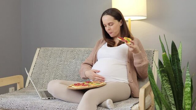 Wonderful weekend pregnant beautiful woman with pizza watching exciting shows on laptop having lunch while surfing internet stroking belly enjoying her weekend at home