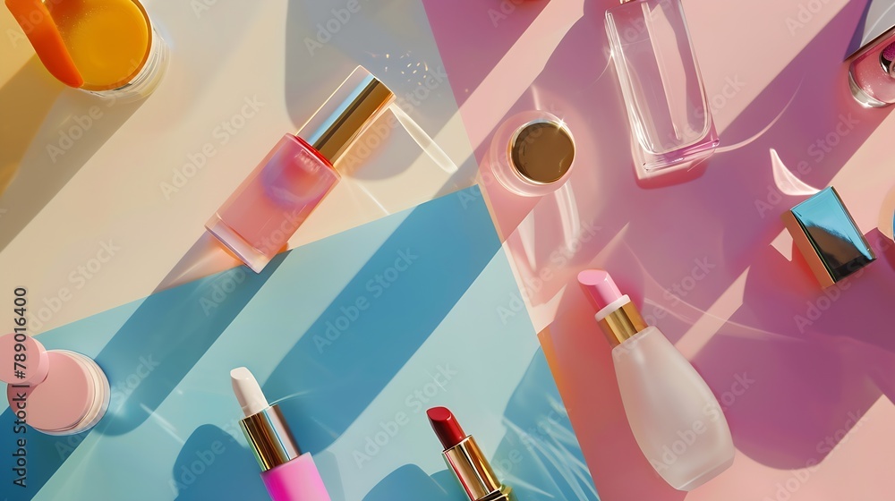 Poster flat lay composition with cosmetic products on color background : generative ai