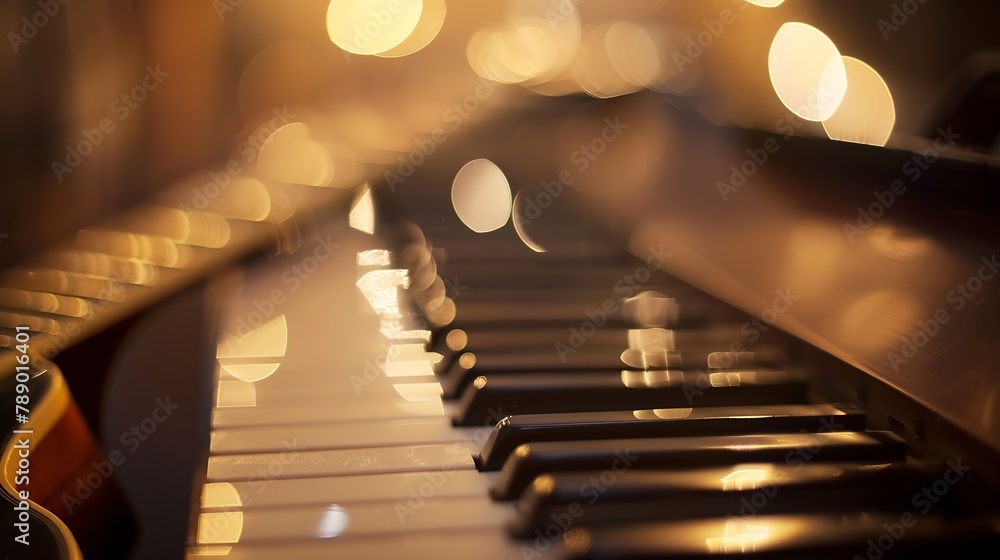 Aufkleber Guitar and piano keys closeup on a blurred background with bokeh : Generative AI