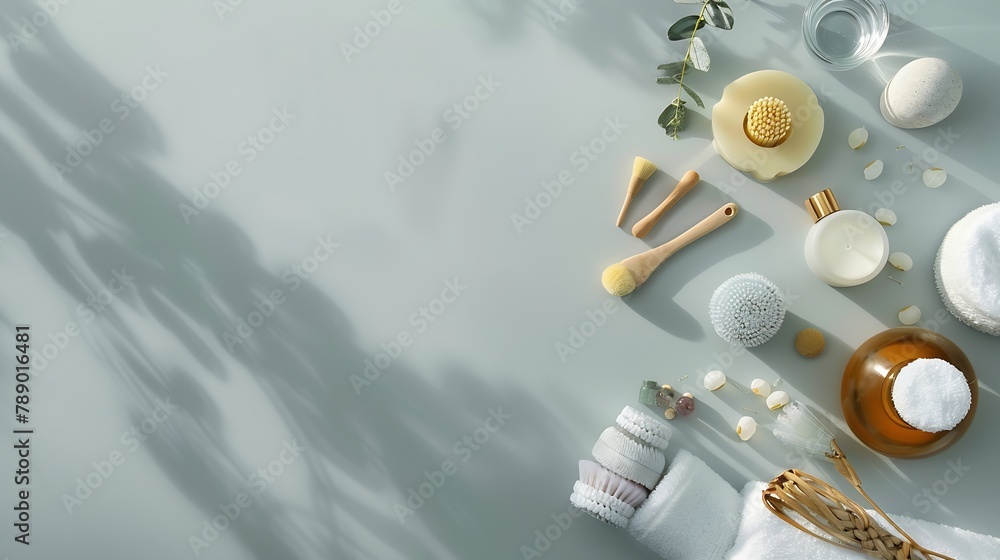Poster various spa related objects on gray background top view body and skin care flat lay with copy space 