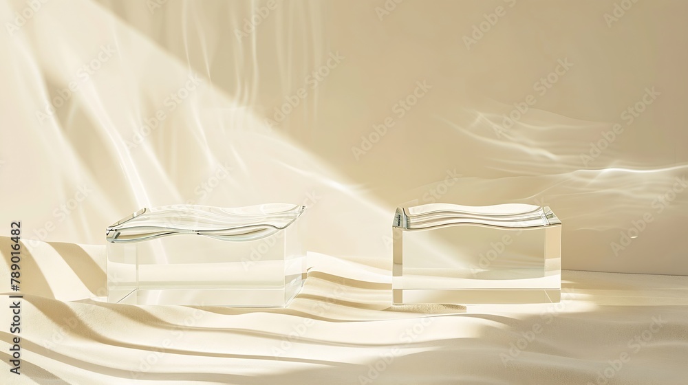 Poster Two empty clear glass square podiums on beige transparent calm water texture with waves in sunlight Abstract nature background for product presentation Flat lay cosmetic mockup copy sp : Generative AI